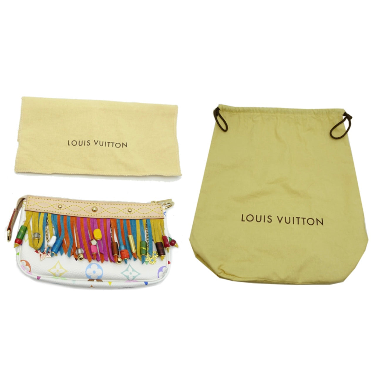 Louis Vuitton 2006 Limited Edition Bucket Fringe M40109 White Multicolor Tote + Pouch Set | Rare Monogram Vernis Fringe Bag