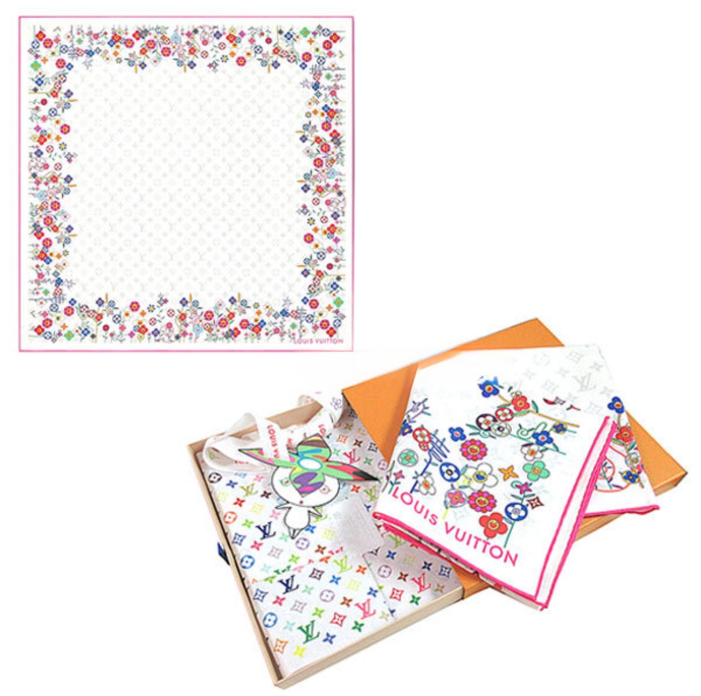 Louis Vuitton × Takashi Murakami Carré 90 Silk Scarf M96263 Superflat Framboise Multicolor Flower LV Monogram Art Collectible