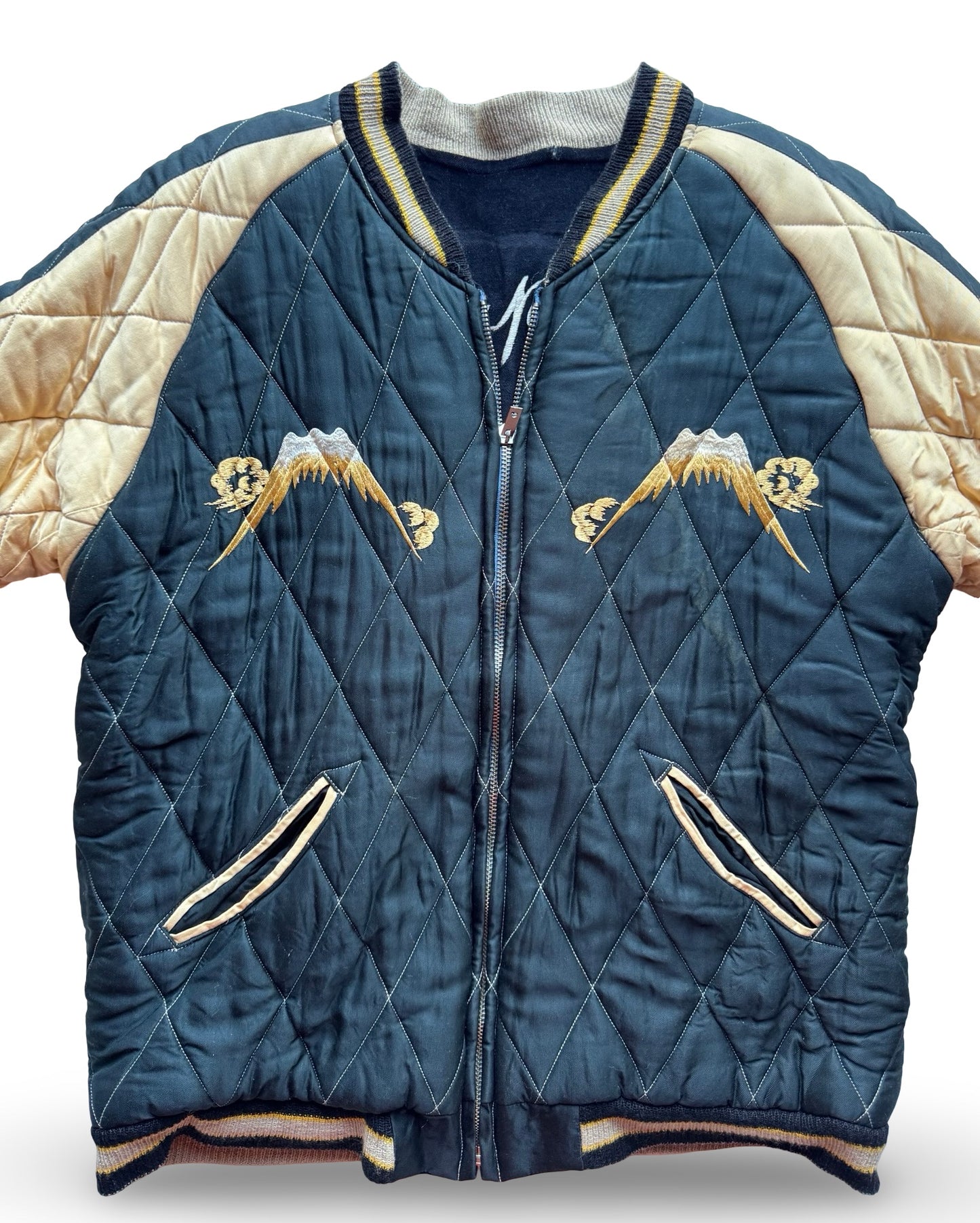 Vintage BEAMS Reversible Sukajan Jacket — Dragon & Skull Embroidery / Pagoda & Mt. Fuji Quilted Souvenir Jacket (Japan)