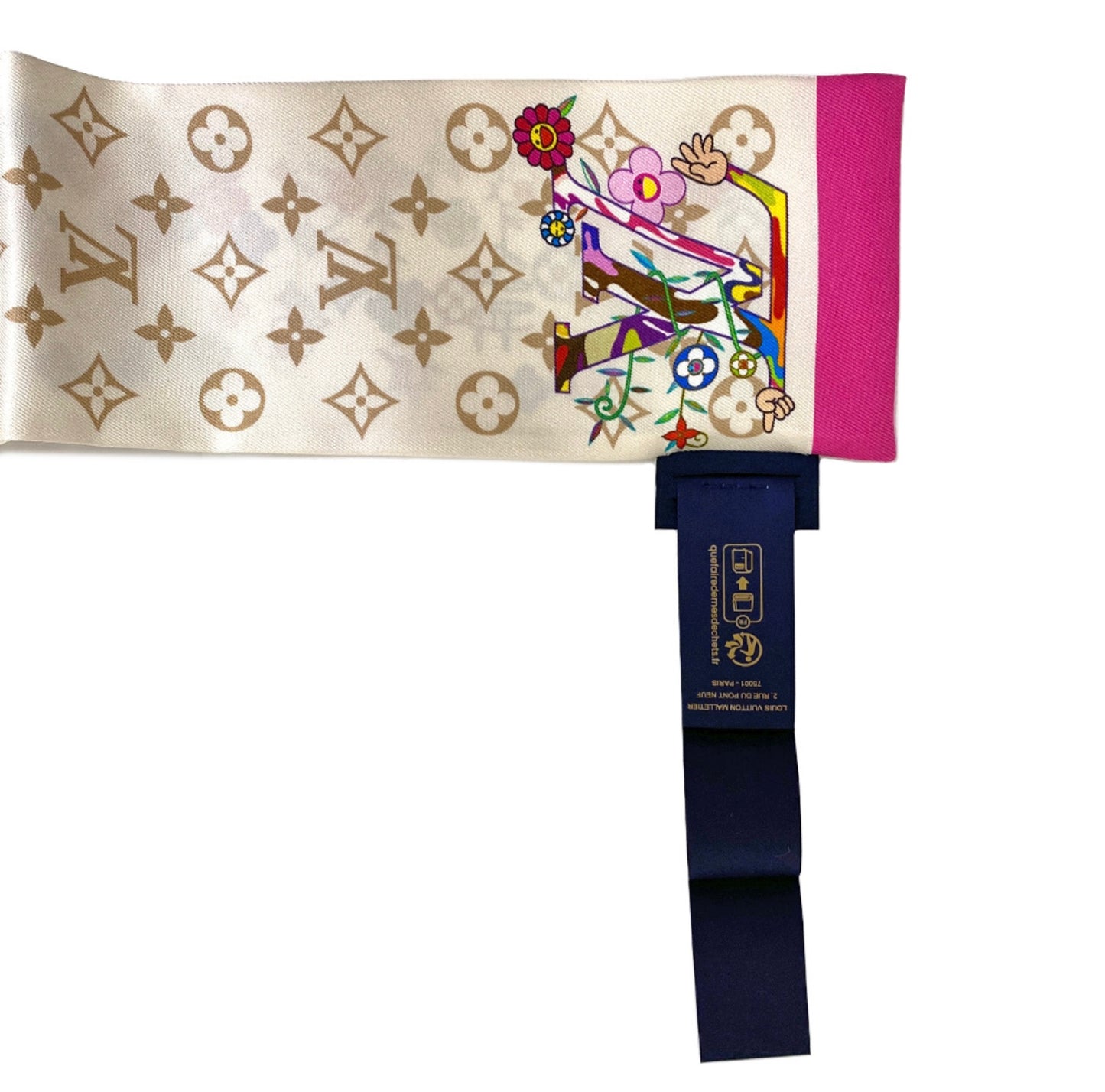 Louis Vuitton × Takashi Murakami Bandeau Superflat M96165 Silk Scarf LV Monogram Flower Slim Twilly White Pink