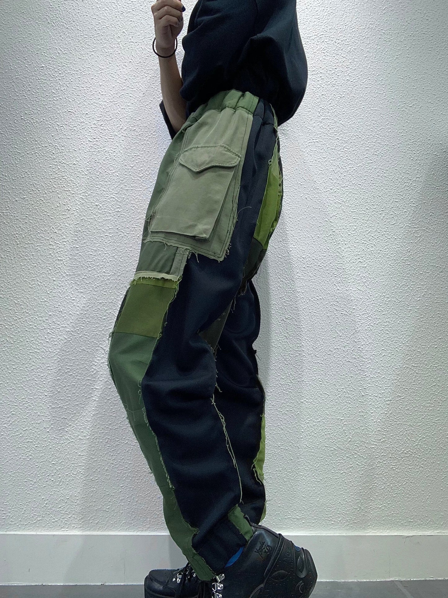 Bespoke Hypebeast Japanese Vintage Handmade Custom One and Only One Cote Mer Military Camo Khaki Fatigue Upcycle Sustainable Upscale Street Fashion Embroidered Embroidery Patch Work Boro Remake Pants Jeans Bottoms ( Size : L - XL )
