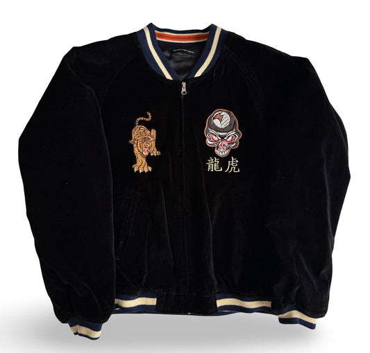 Vintage Velvet Sukajan Jacket — Tiger × Skull Embroidery, Japan Yokosuka Style Velour Souvenir Jacket