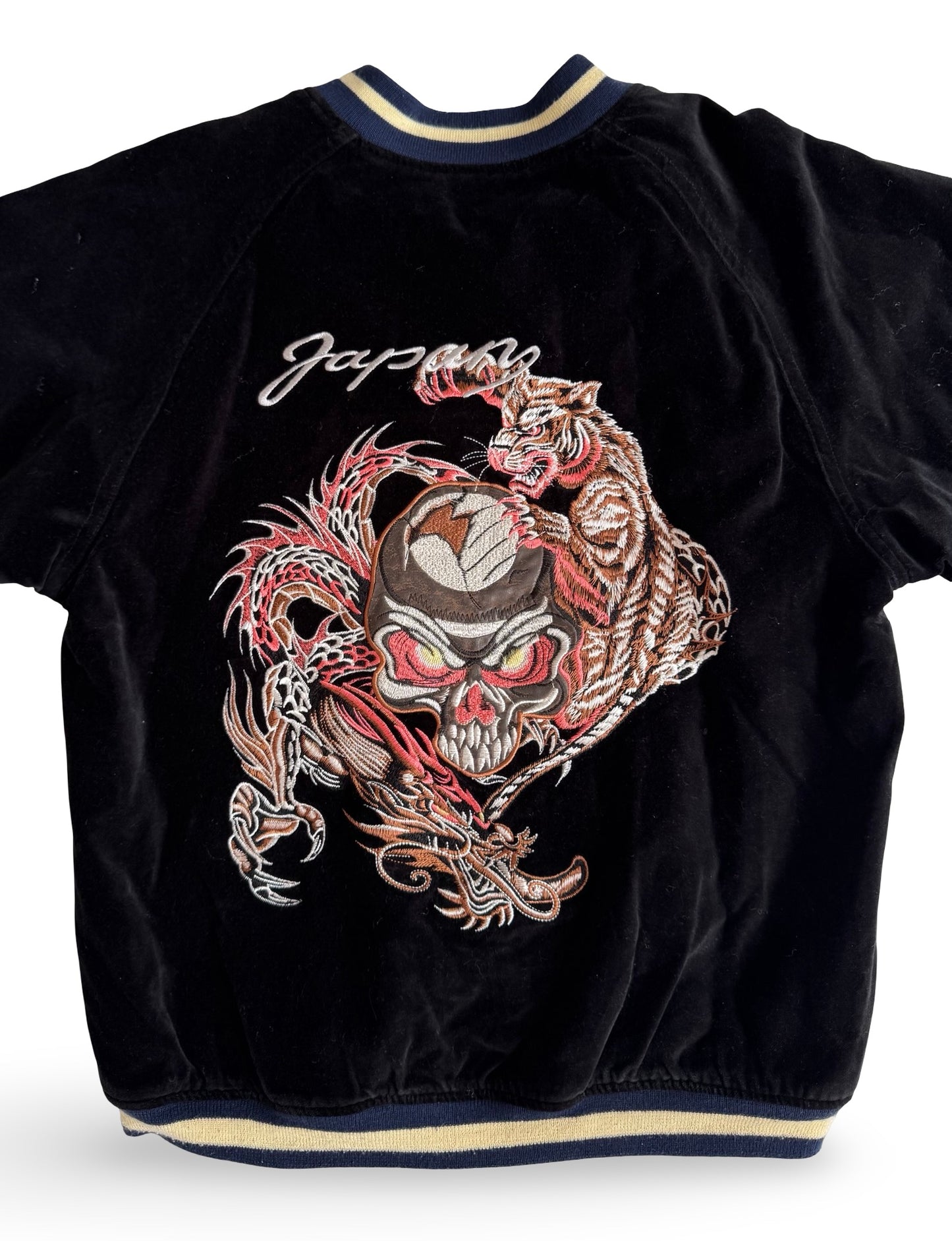 Vintage Velvet Sukajan Jacket — Tiger × Skull Embroidery, Japan Yokosuka Style Velour Souvenir Jacket