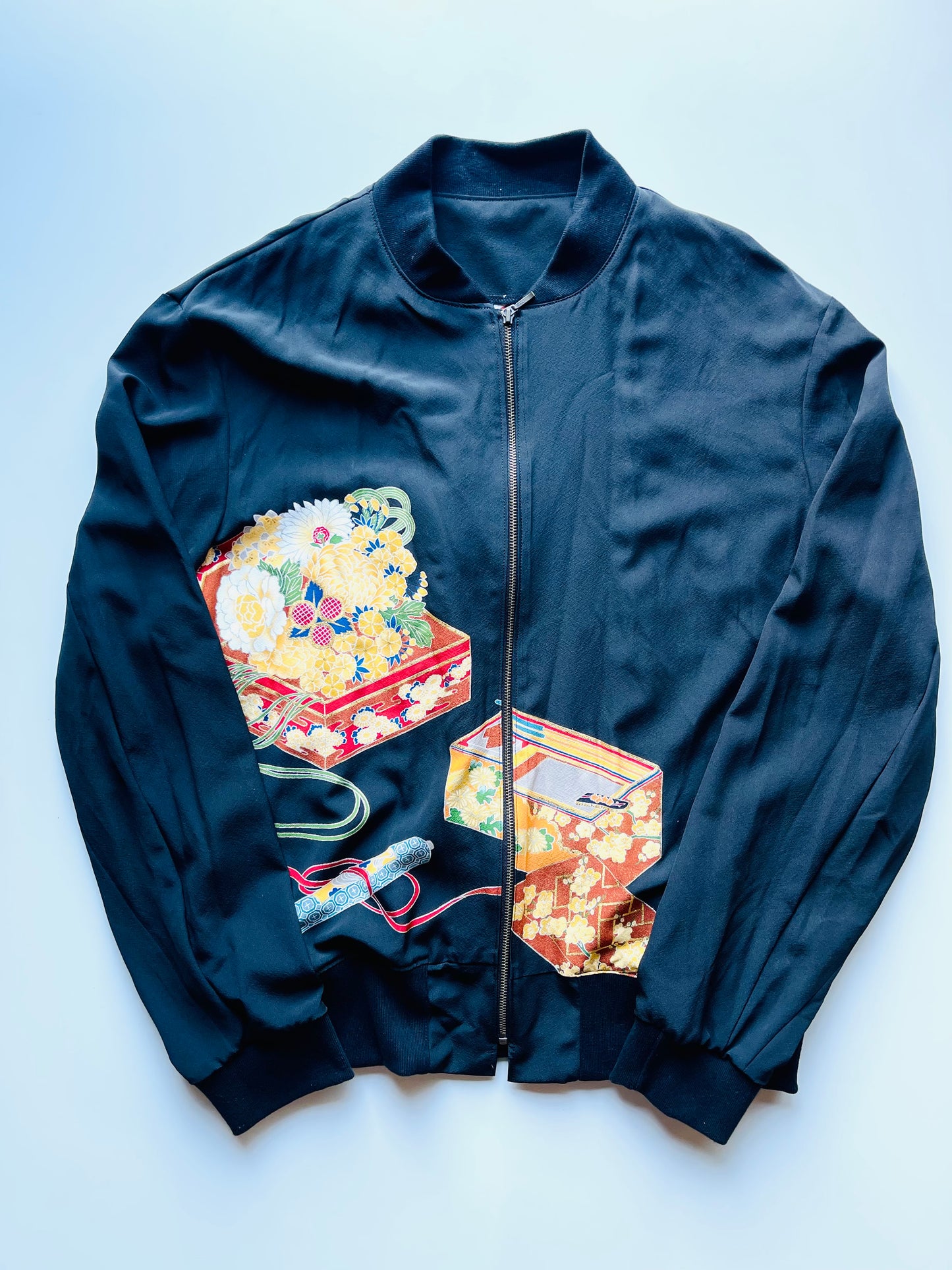 Vintage Japanese Kimono Remake Bomber Jacket | Black Wagara Floral Jacket | Handmade Upcycled Obi Textile | One-of-a-Kind Japanese Artwear