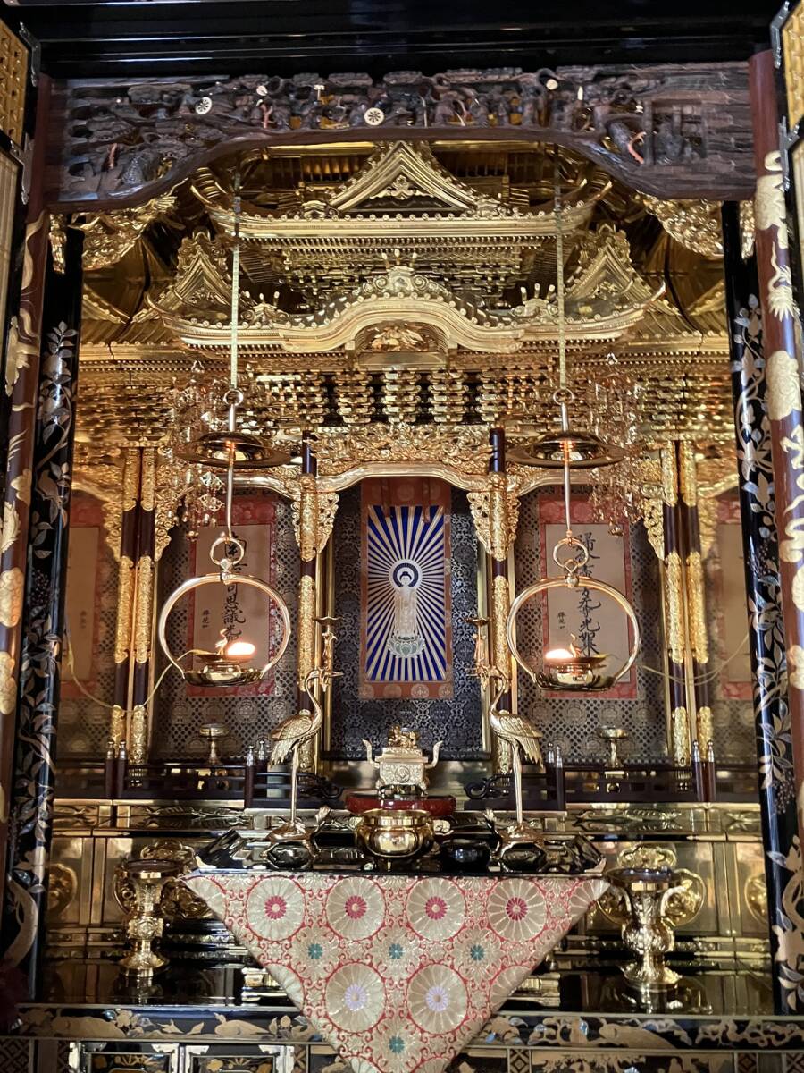 Monumental Three-Way-Opening Gold Butsudan — Grand Guden-Style Architectural Sanctum with Makie-Style Black Lacquer & Gilded Interior (Approx. 208 cm H / 132 cm W) — Temple / Estate Installation Class