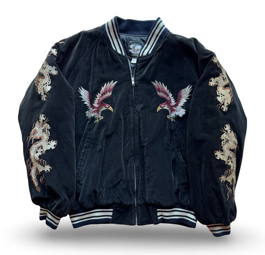 Vintage West-Pac Tour Sukajan Jacket – USS Midway CV-41 Tiger & Dragon Embroidery – Yokosuka Souvenir Sukajan (Velveteen)