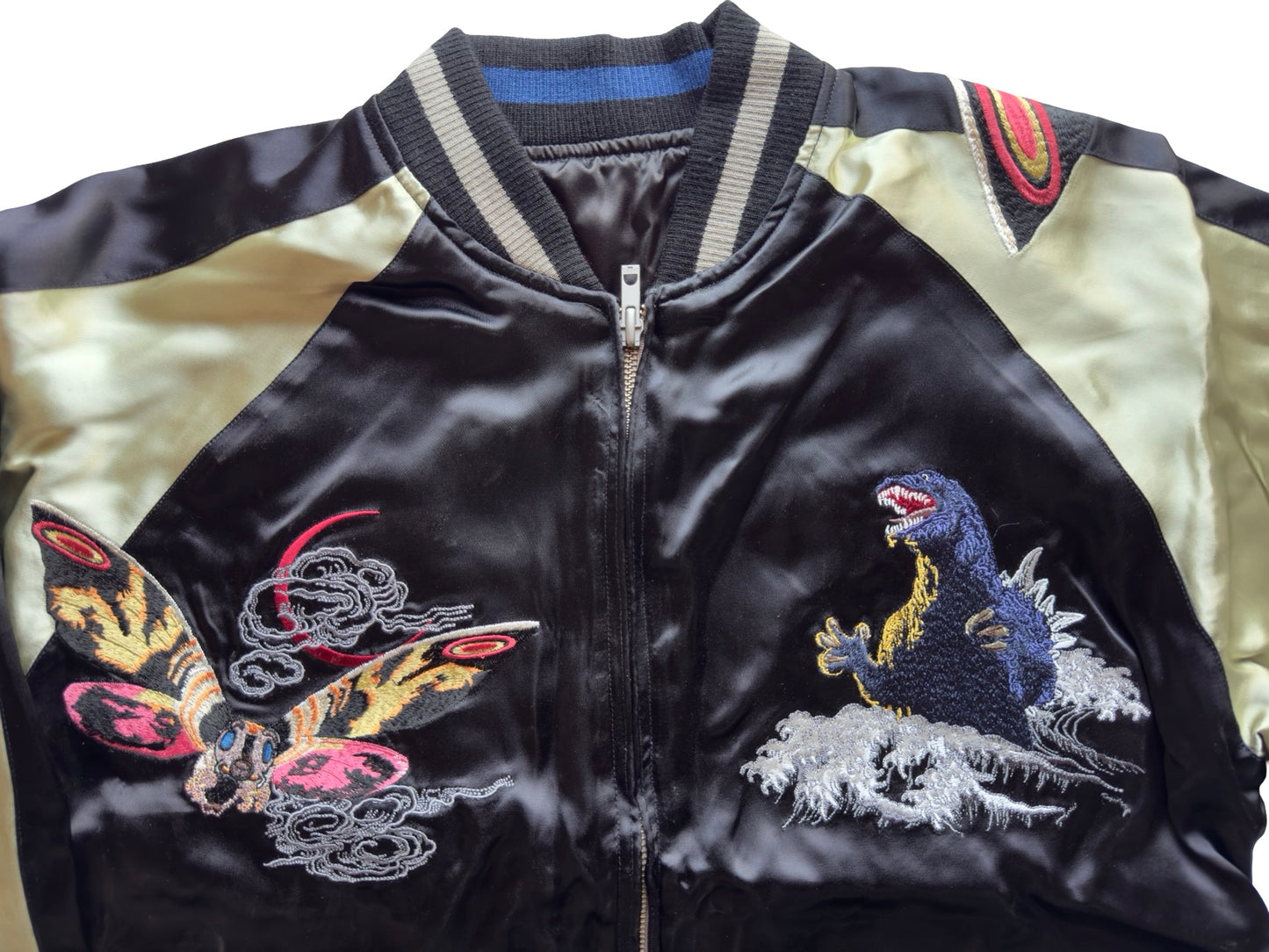 Vintage Japanese Sukajan Jacket – Godzilla × Mothra Embroidery • Kaiju Souvenir Jacket • Black & Gold Satin Bomber (One-Side Emblem)