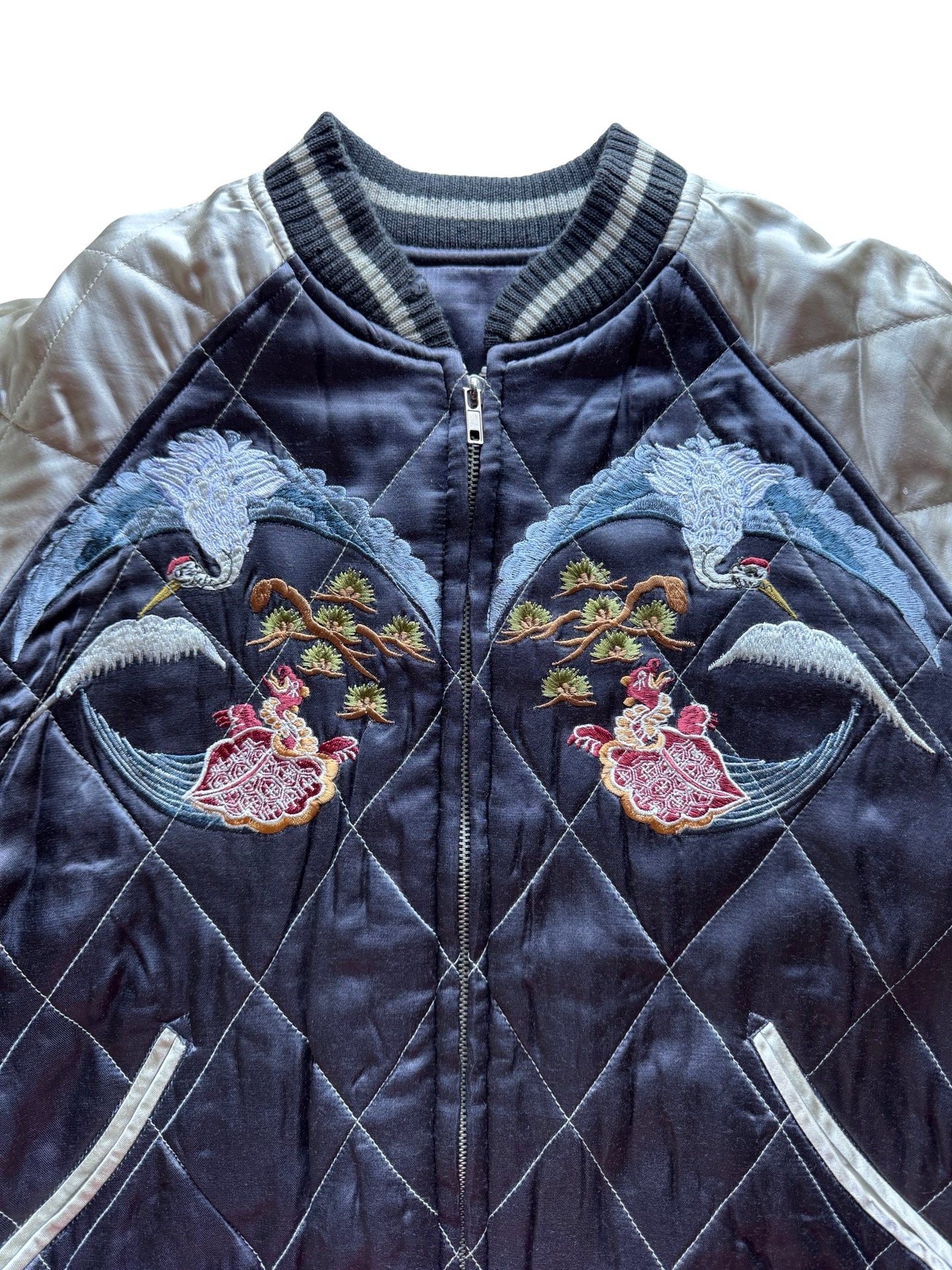 Reversible Japanese Sukajan Jacket – Butterfly & Floral Embroidery / Crane & Pine Quilted Design – Vintage Yokosuka Souvenir Jacket
