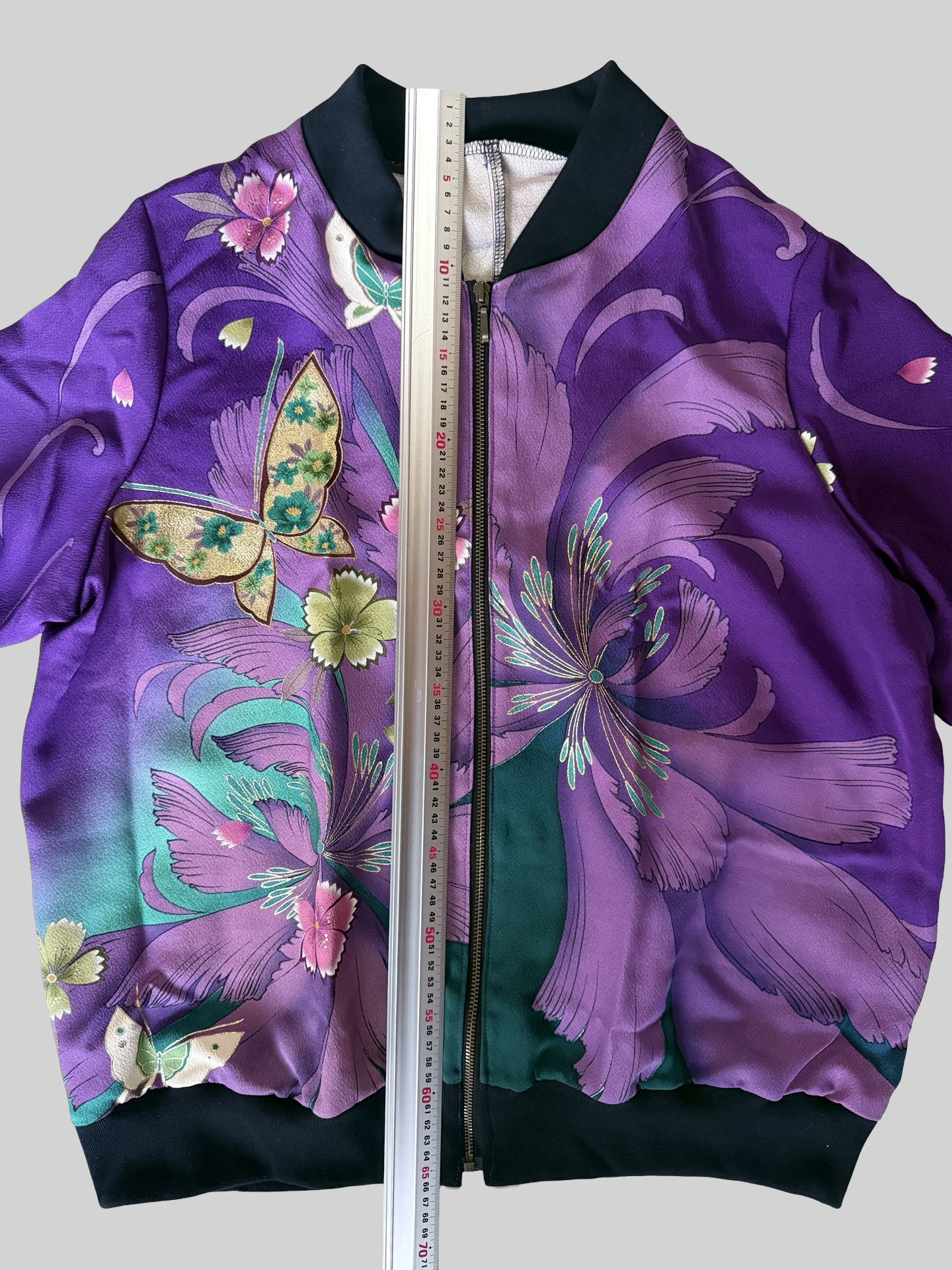 Kimono Remake Silk Bomber Jacket Purple Floral Butterfly Sukajan Japanese Upcycled Textile Art Piece