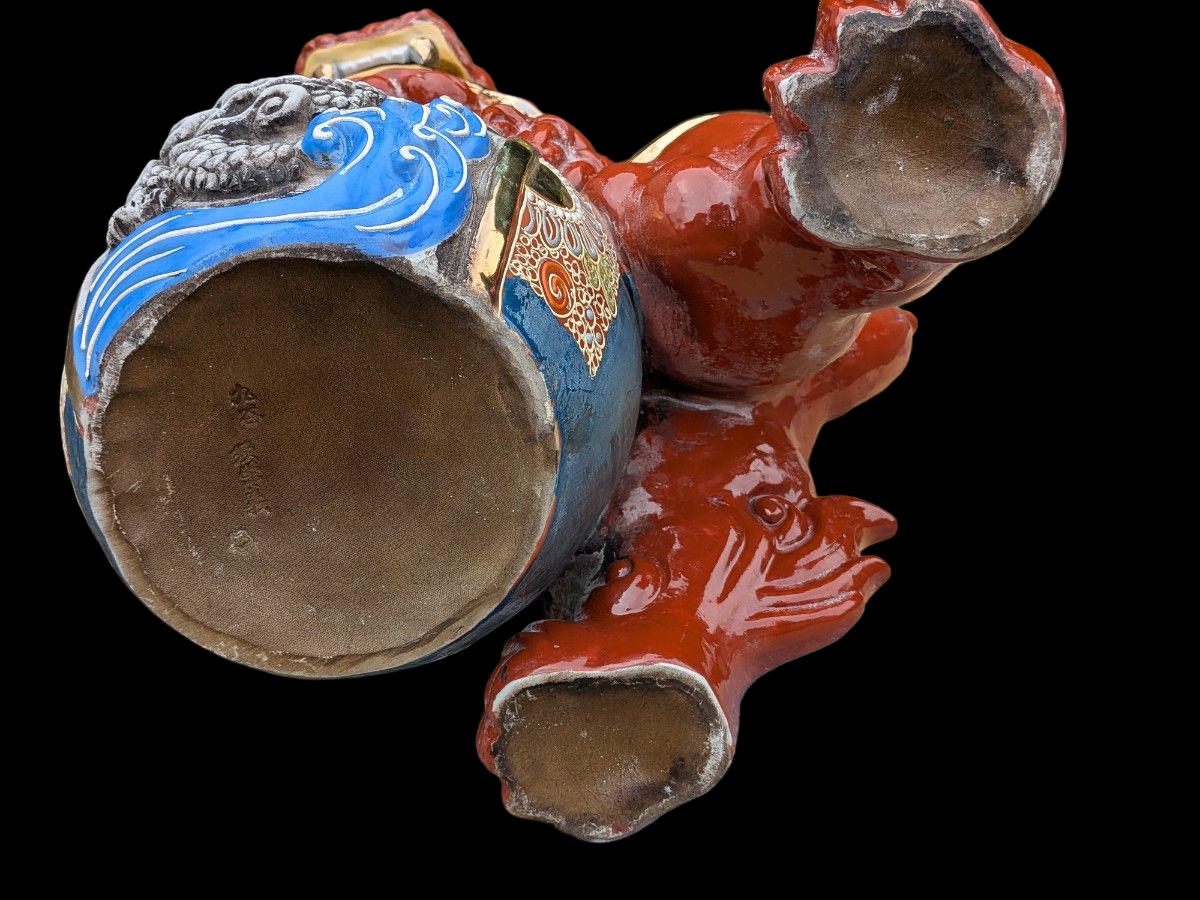 Kutani Ware Shishi Koma Inu Lion Guardian — Outdoor Garden Display with Brocade Jewel | Polychrome Japanese Ceramic (Approx. 36 cm)