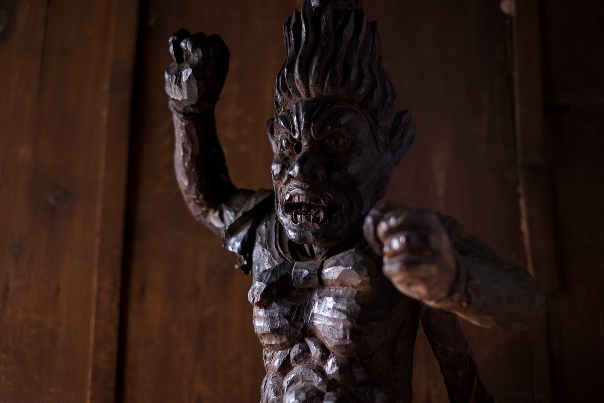 Large Massive Antique Japanese Wooden Fujin Raijin Buddha Statues | Wind & Thunder Gods | Large Hand-Carved Buddhist Temple Sculptures