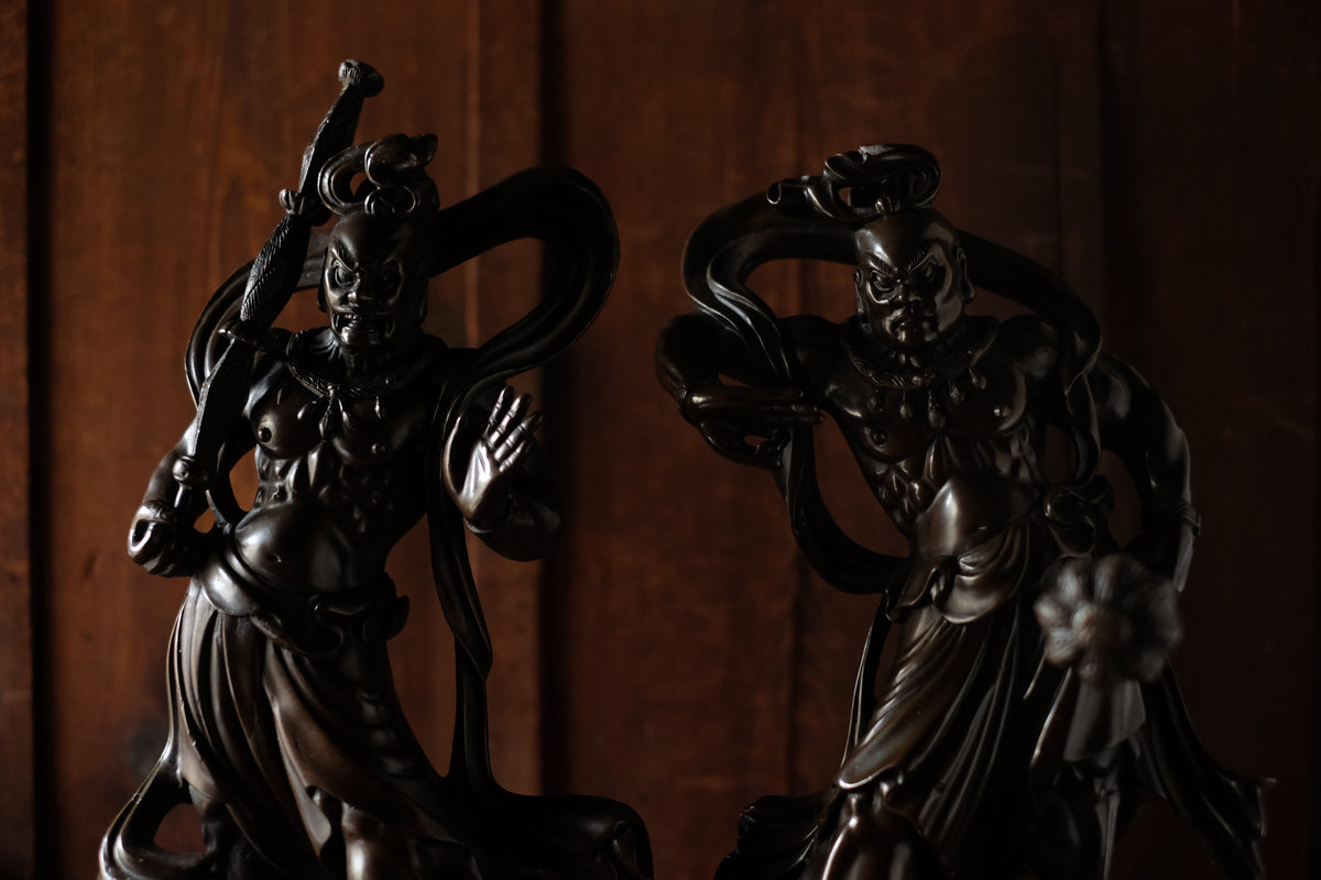 Japanese Bronze Nio Guardian Statues Pair, Agyo Ungyo Kongo Rikishi Buddhist Temple Sculpture, Vintage Protective Deity Art