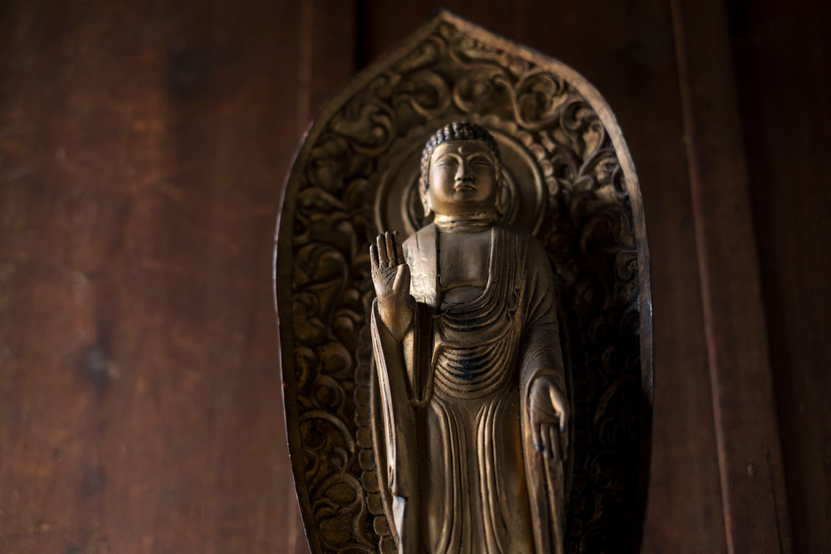 Vintage Japanese Shaka Nyorai Gilt Wood Buddha Statue with Mandorla | 49 cm Shakyamuni Buddhist Sculpture