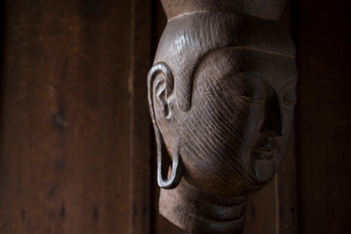 Vintage Japanese Miroku Bosatsu Bust Resin Ceramic Composite Buddha Head Zen Sculpture on Wood Base