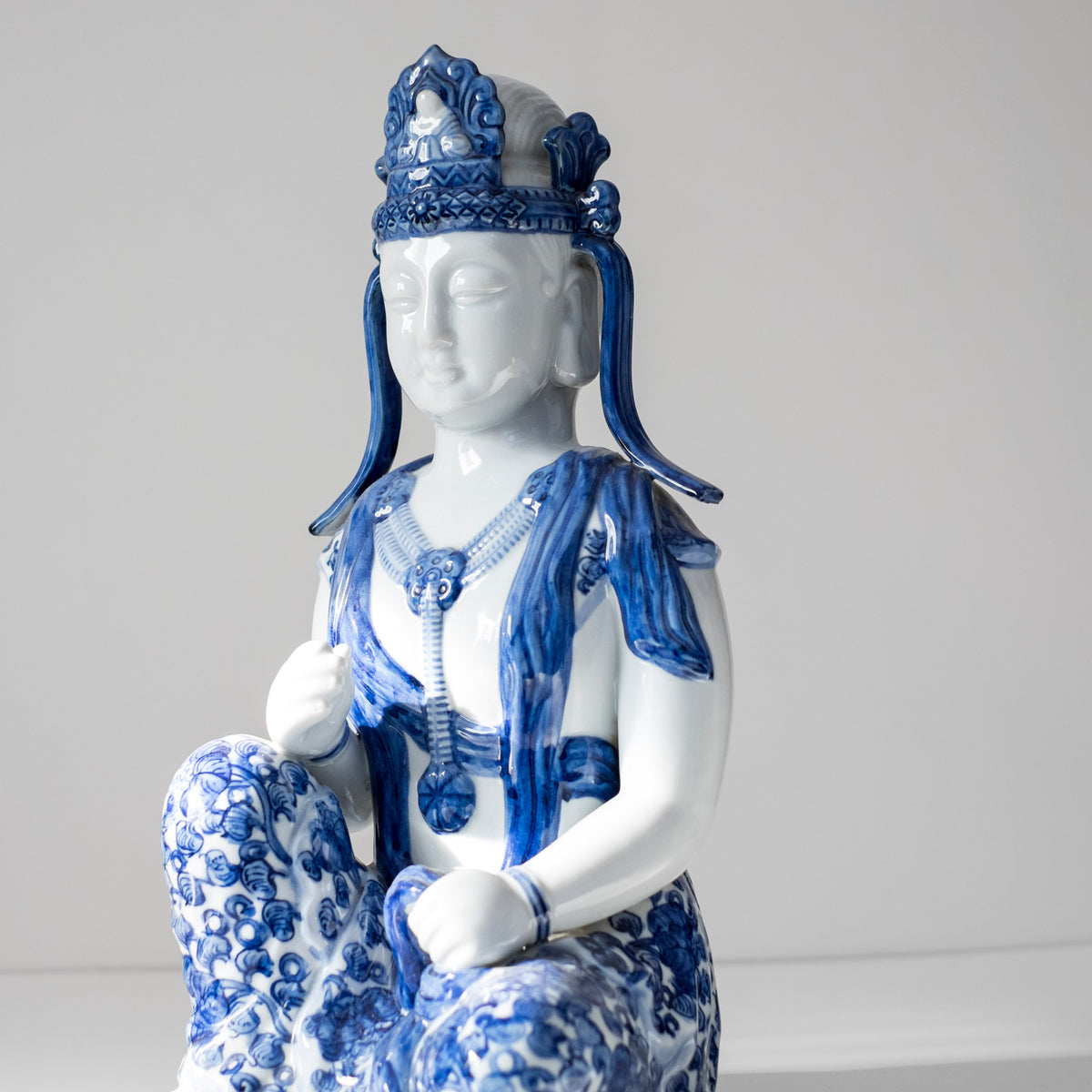 Vintage Blue White Porcelain Kannon Guanyin Statue, Seated Bodhisattva Buddhist Sculpture, Sometsuke Style Asian Art