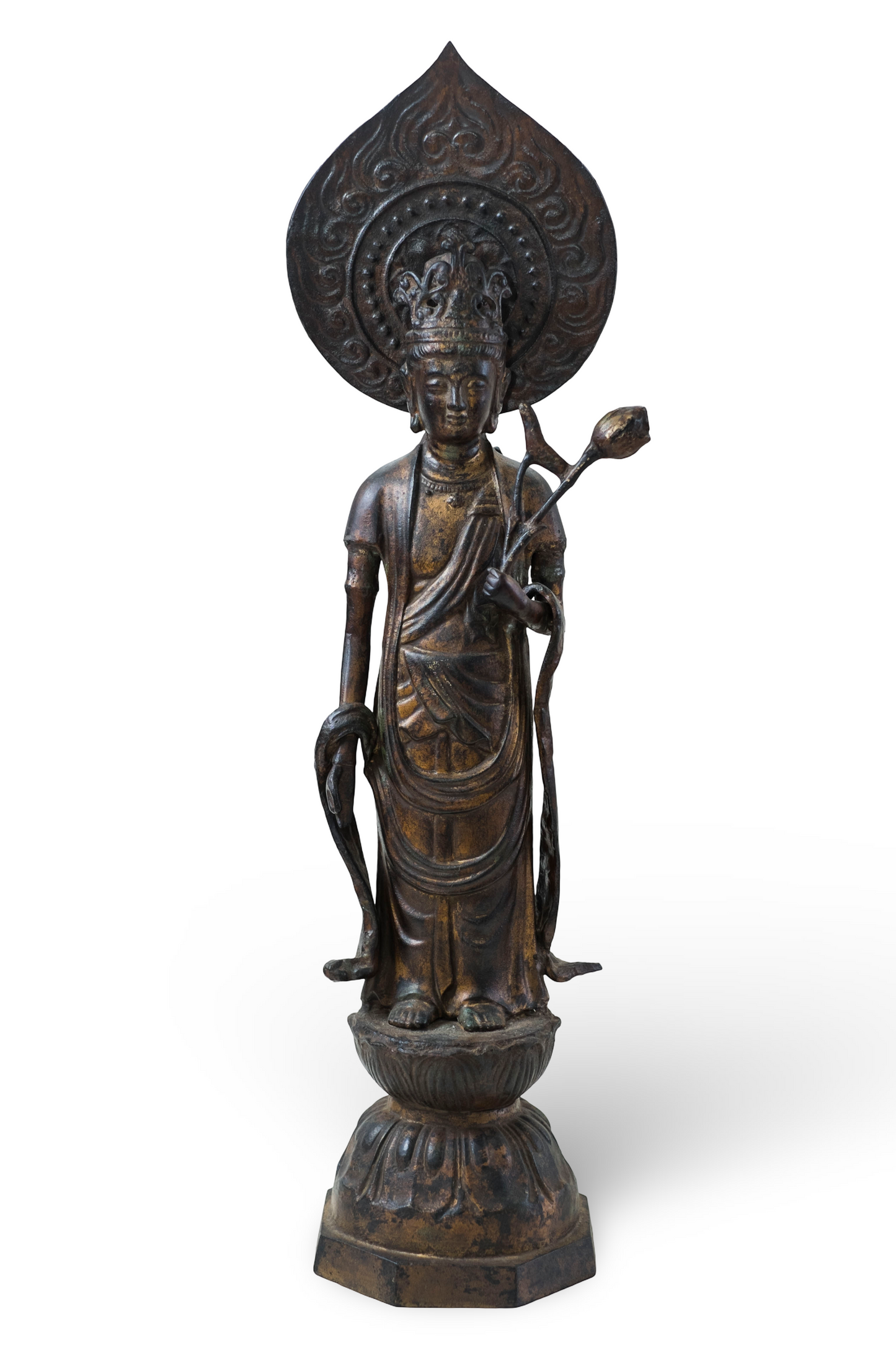 Large Antique Kannon Bronze Statue | Japanese Buddhist Sculpture | Standing Avalokiteśvara with Halo
