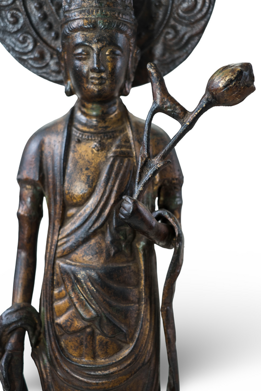 Large Antique Kannon Bronze Statue | Japanese Buddhist Sculpture | Standing Avalokiteśvara with Halo