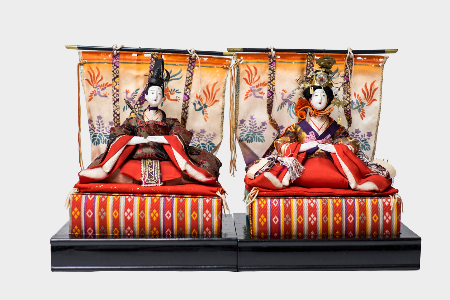 Taishō–Early Shōwa Hina Ningyō Imperial Pair (Dairi-bina) Silk Brocade with Phoenix Screens