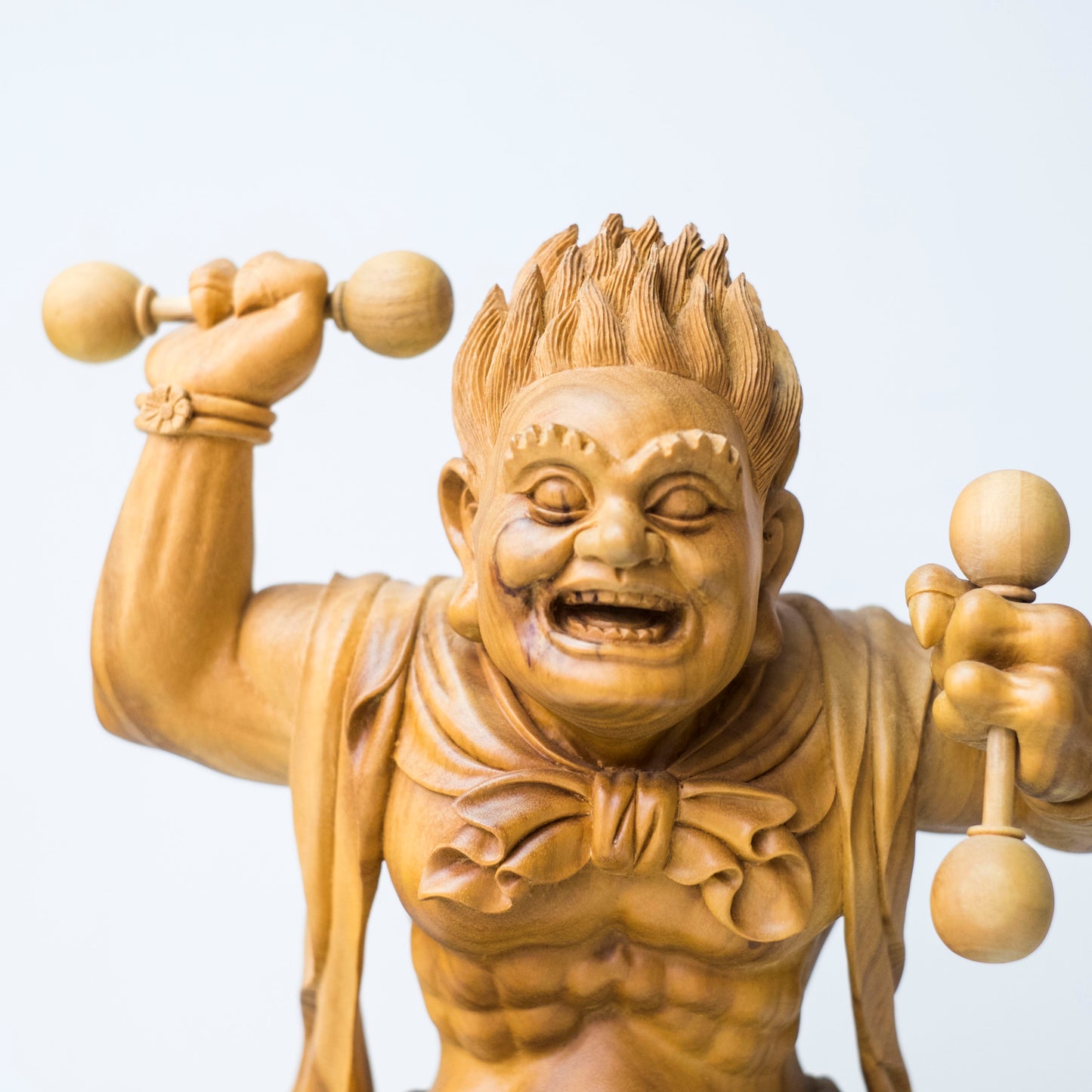 Japanese Fujin Raijin Thunder Lightning Buddhist Buddha Deva King Gods Protector Warrior Wooden Statue Pair