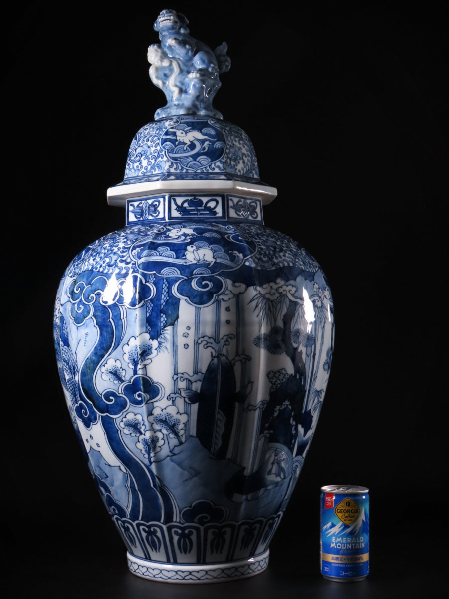 Arita Ware Monumental Lidded Jar — 6th Generation Tatebayashi Gengorō — Sometsuke Lion, Rabbit & Auspicious Motifs — 64cm Museum-Scale Masterwork