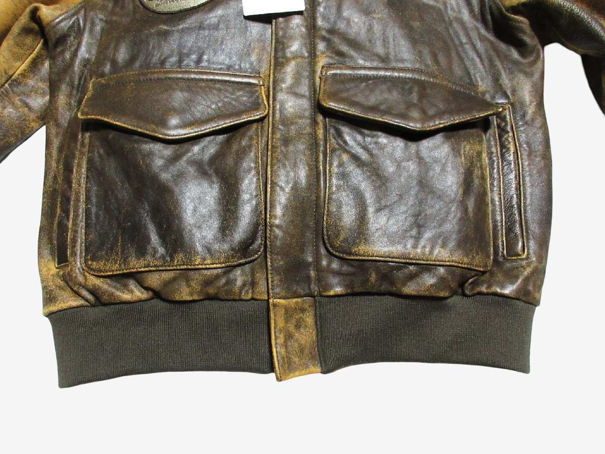 AVIREX A-2 50th Anniversary Distressed Sheepskin Flight Jacket Custom Patch Map Lining Size 42