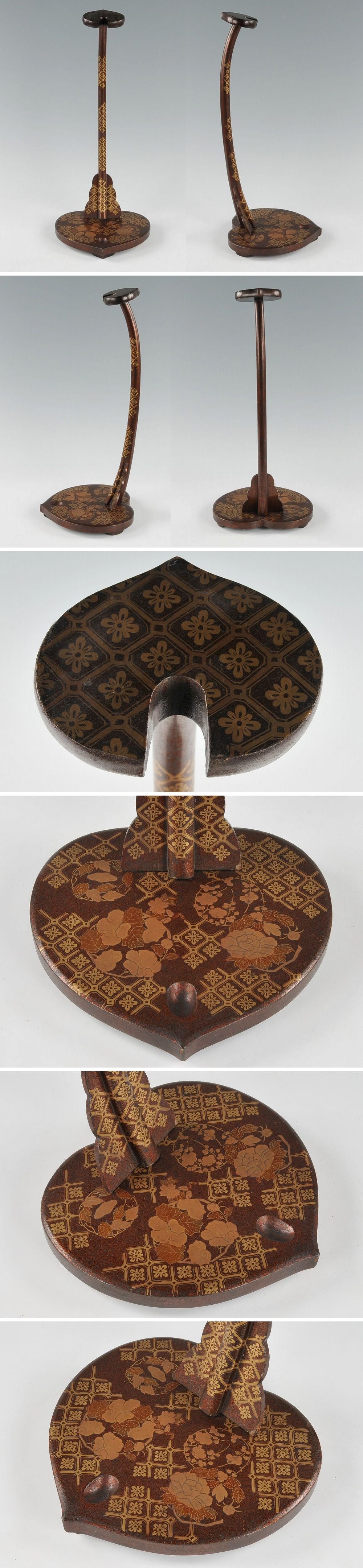 Antique Japanese Lacquer Tachi Sword Stand | Maki-e Floral Motifs | Pear-Skin Ground | Edo–Meiji Decorative Arms Display