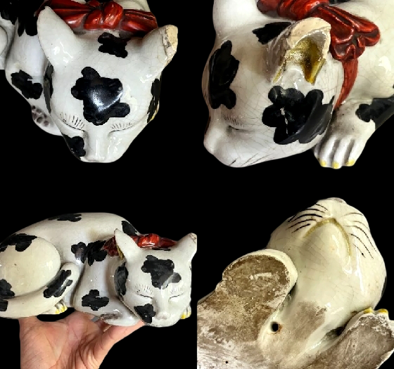 Antique Japanese Sleeping Cat Okimono — Black & White “Cow Cat” Ceramic Figure — Hand-Painted Lucky Cat Ornament, Edo-Meiji Taste