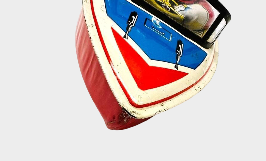 Asakusa Toy BIG X Tin Speedboat w/ Sofubi Pilot Head — Showa Japanese Retro Hand-Crank Propeller Boat