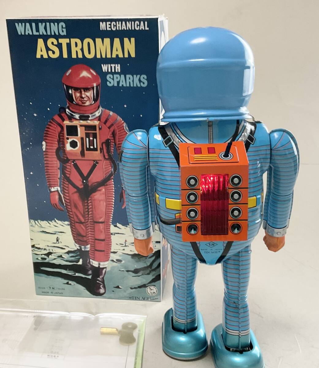 Astroman Blue Walking Mechanical Tin Robot with Sparks Boxed with Papers Space Age Vintage-Style Collectible
