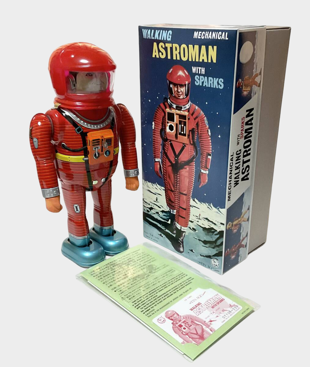 Astroman Tin Wind-Up Astronaut Figure — Red Suit Space Toy, Boxed Osaka Japan
