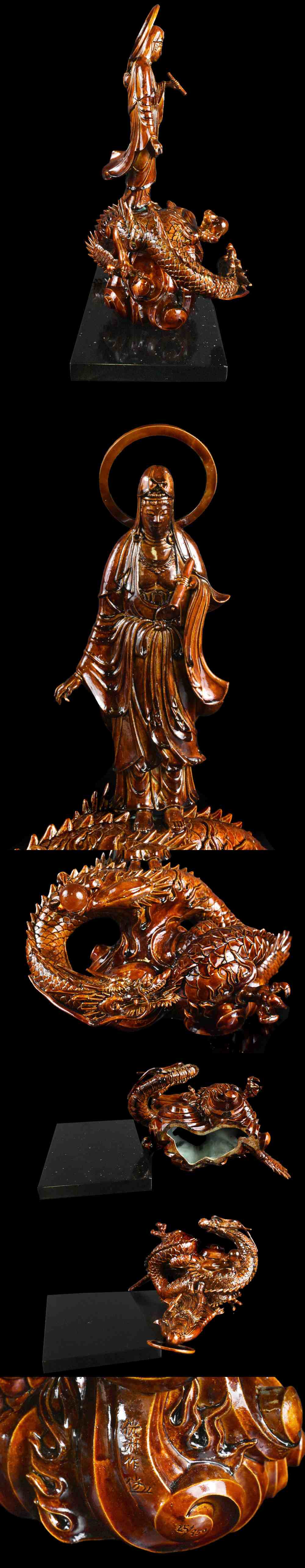 Authentic Meiji Period Japanese Bronze Kannon on Dragon Statue — Signed Buddhist Sculpture