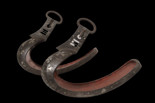 Edo Period Silver-Inlaid Samurai Abumi Stirrup Pair with Cherry Blossom Sakura Motif