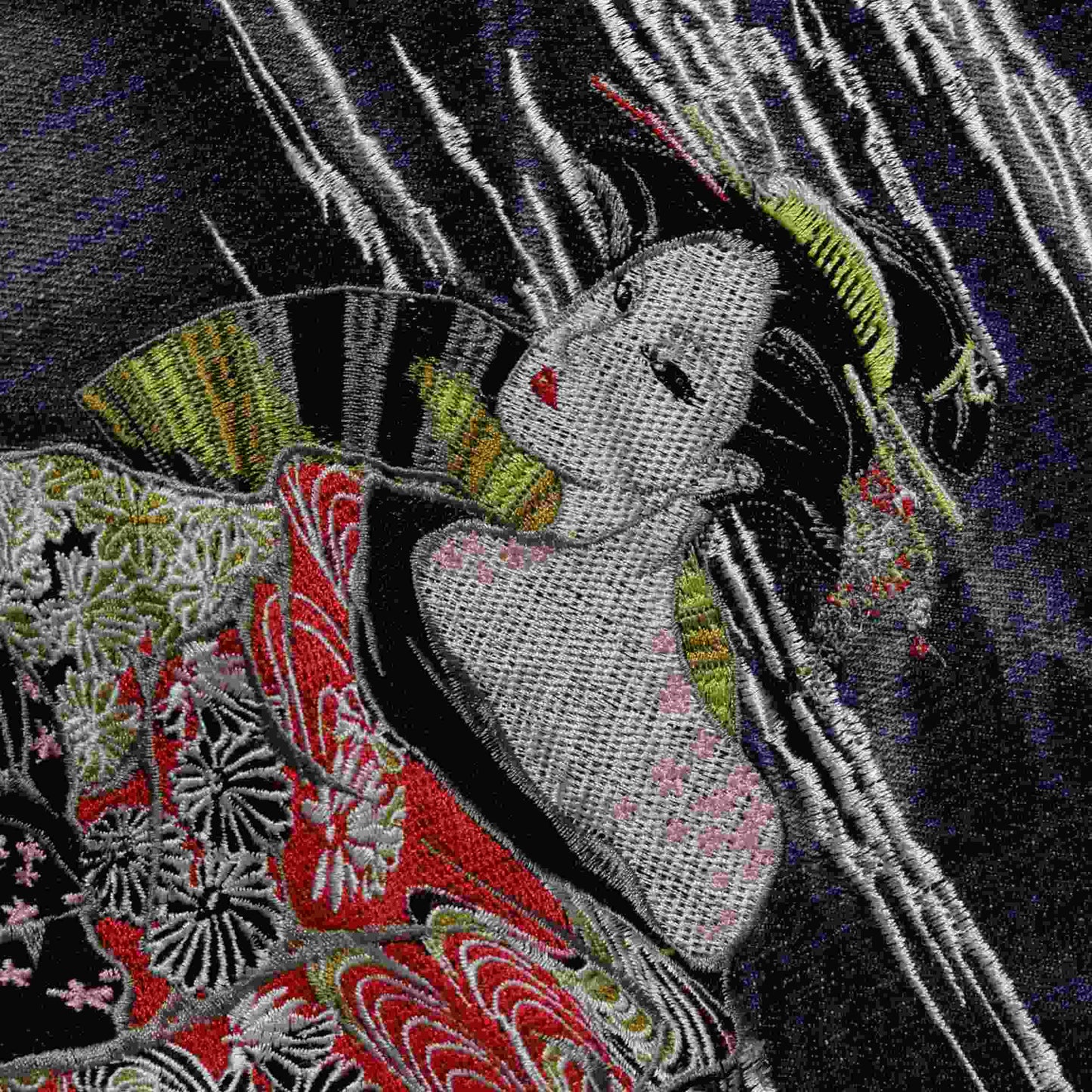 Kaccho Fugetsu “Japanese Tradition” Embroidered Geisha & Moon Wagara Denim Shorts – Size 36