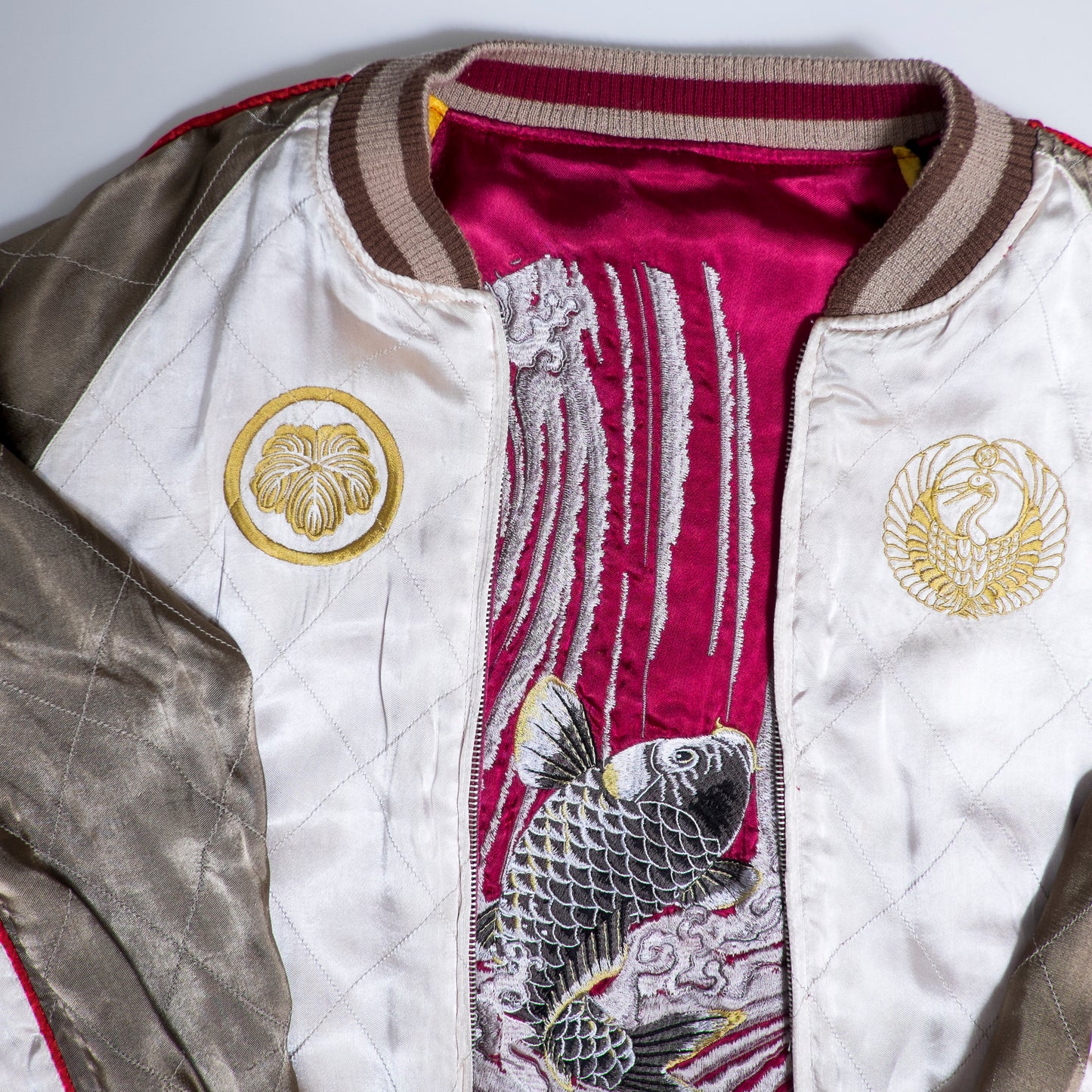 Red Yellow Vintage Japanese Japan Rising Koi Carp Fish Turtle Tattoo Art Design Embroidered Yokosuka Jumper Bomber Sukajan Souvenir Jacket