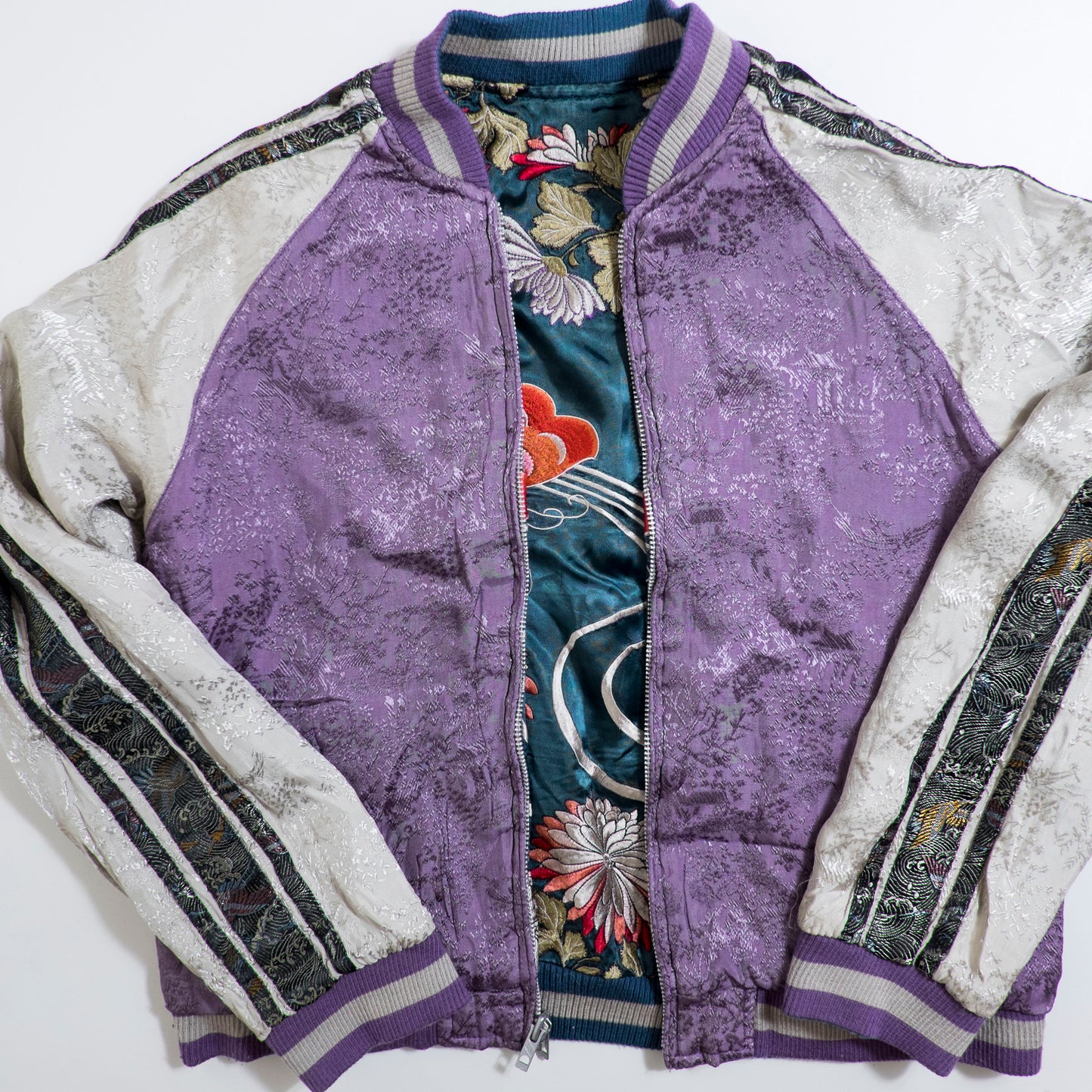 Vintage Japanese Japan Metallic Green Butterfly Chocho Flowers Tattoo Art Design Embroidered Yokosuka Jumper Bomber Sukajan Souvenir Jacket