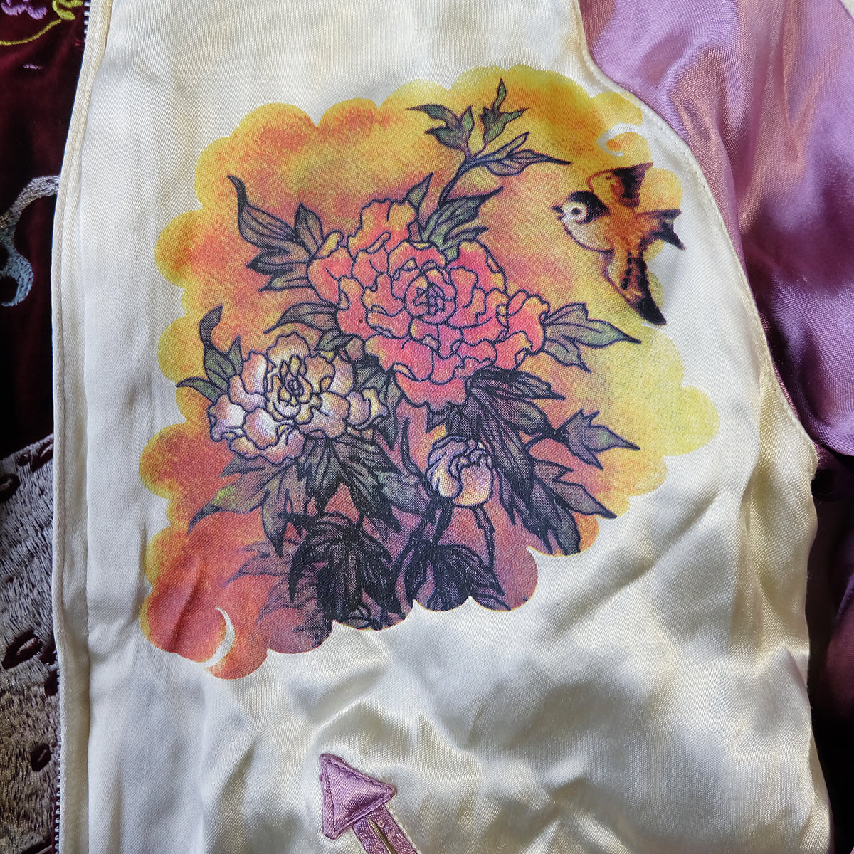 CHIKIRIYA Reversible Sukajan Jacket Burgundy Velvet Whale Peacock Japanese Y2K Souvenir Bomber Free Size M-L
