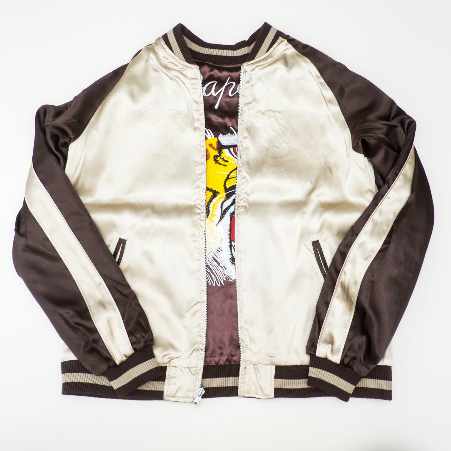 Vintage Japanese Sukajan Jacket Roaring Tiger Embroidery Reversible Brown Cream Yokosuka Souvenir Bomber Japan Streetwear