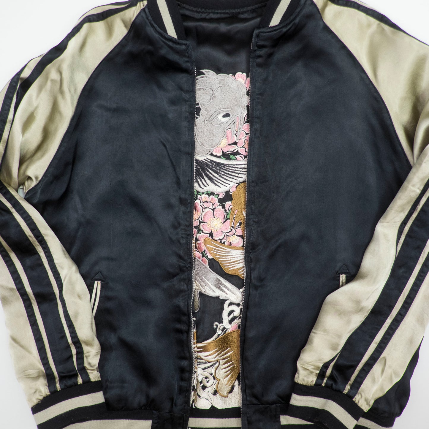 Koto Koto KTJK-023 Nishikigoi Koi Sakura Reversible Sukajan Jacket Black Silver Japanese Rayon Bomber