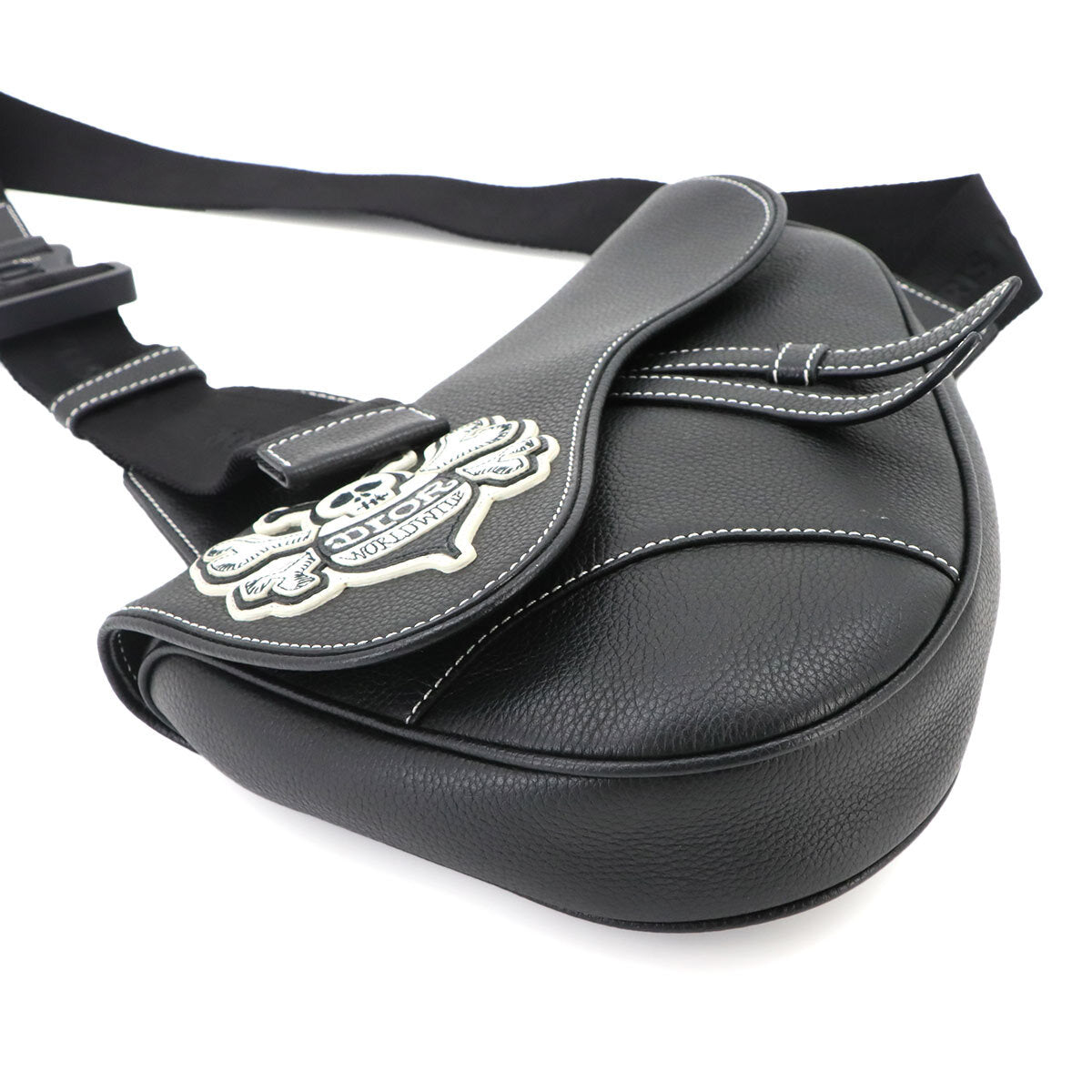 Dior x Shawn Stussy Saddle Bag Black Leather Skull Crossbody 9034A0069