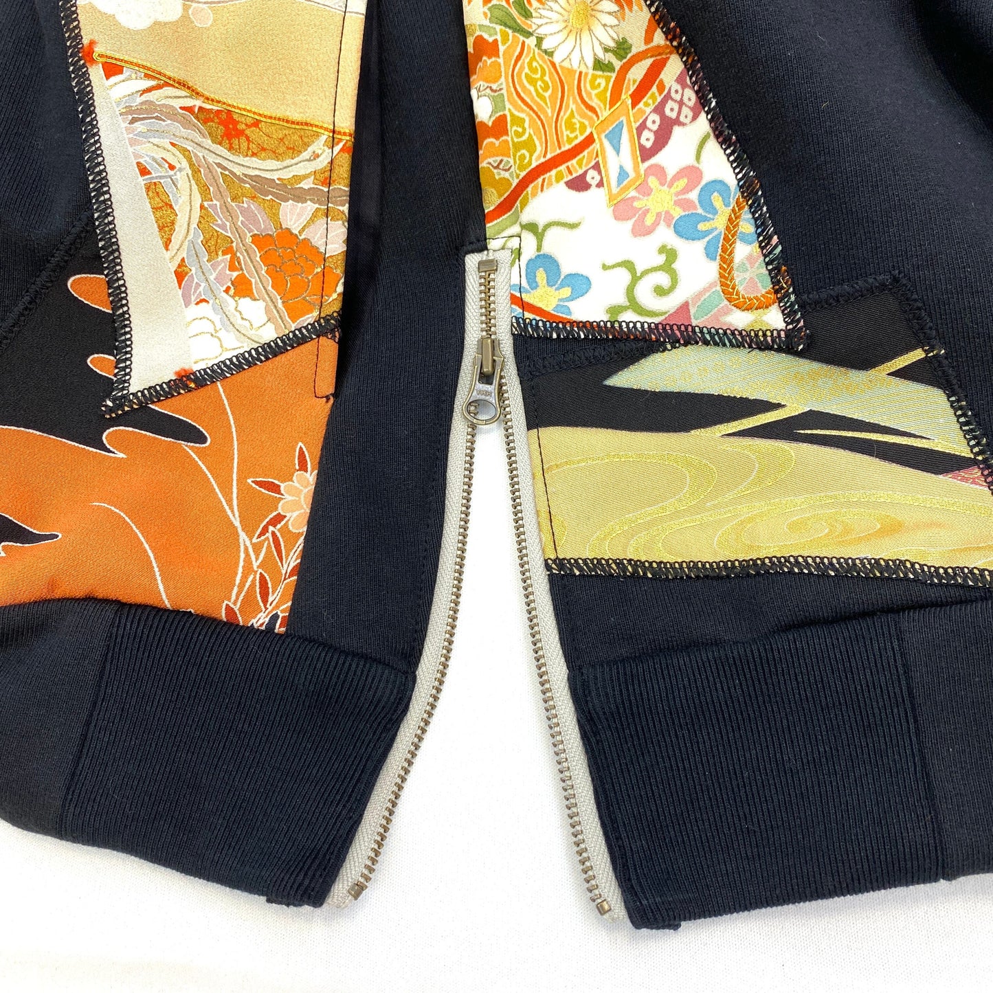 Remake Bespoke Hypebeast Japanese Vintage Handmade Custom One and Only One Cote Mer Upcycle Sustainable Upscale Street Fashion Embroidered Embroidery Kimono Obi Boro Patchwork x Black Hoodie Parka Jacket ( Size : XL )
