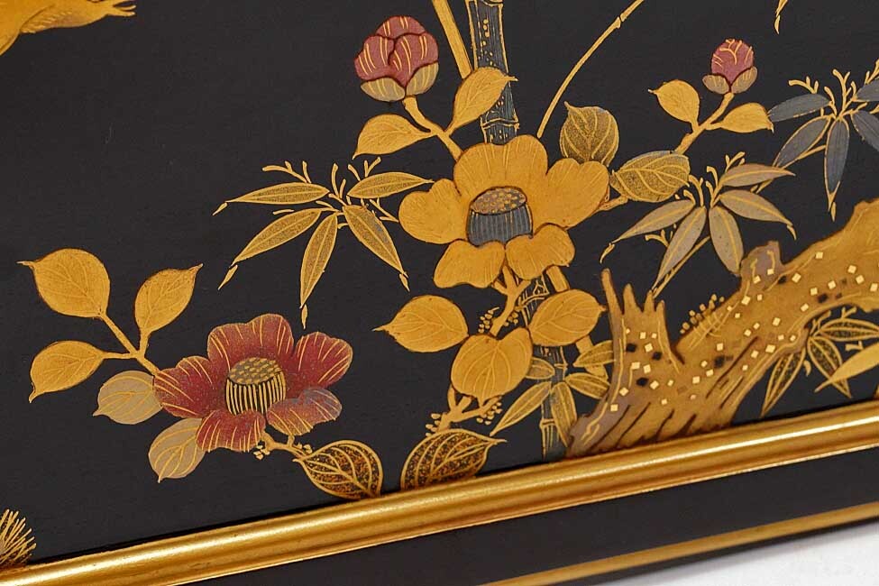 Edo-Period Black Lacquer Katana-Kake with Gold Maki-e, Samurai Sword Stand with Original Storage Box