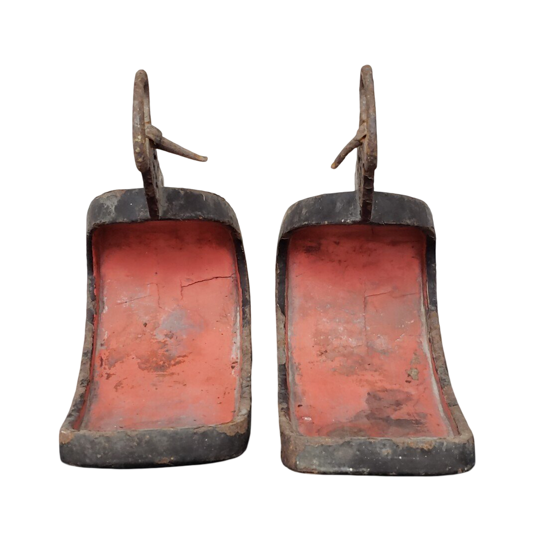 Edo Period Samurai Abumi Stirrup Pair | Forged Iron Horse Stirrups with Red Lacquer | Japanese Armor Equestrian Gear