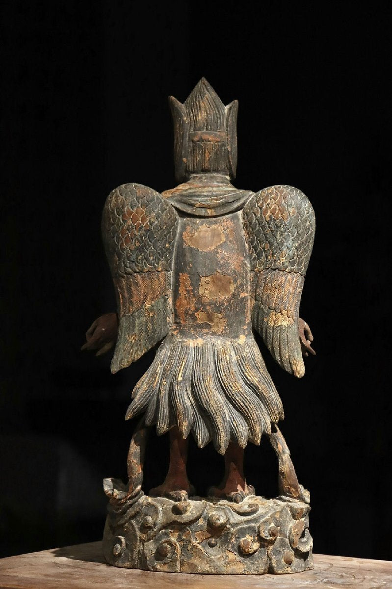 Edo-Period Wooden Japanese Buddhist Karura (Garuda) — Winged Guardian Deity Sculpture