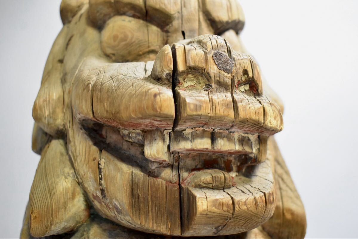 Edo Period Antique Japanese Wooden Komainu Shishi Guardian Lion Dog Pair Polychrome Shrine Sculpture