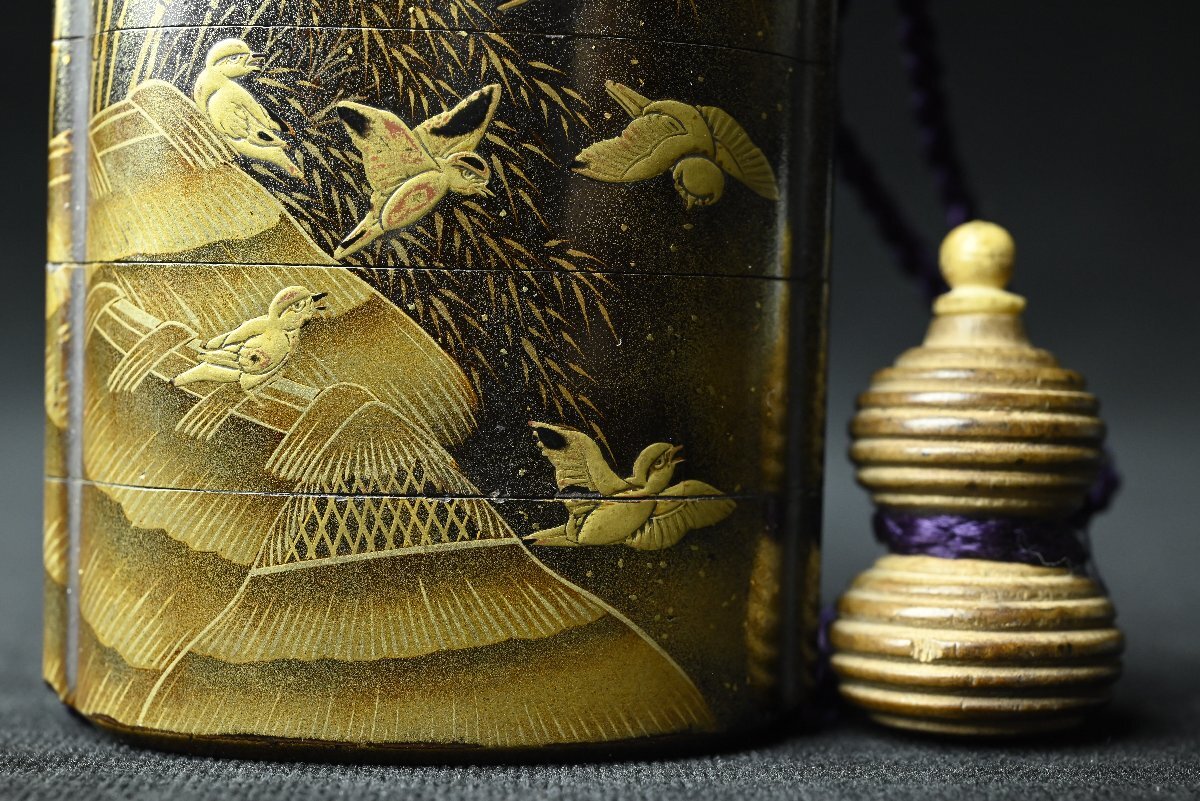 Edo Period Gold Maki-e Inro with Flying Cranes & Pines | Five-Case Lacquer Medicine Case | Signed