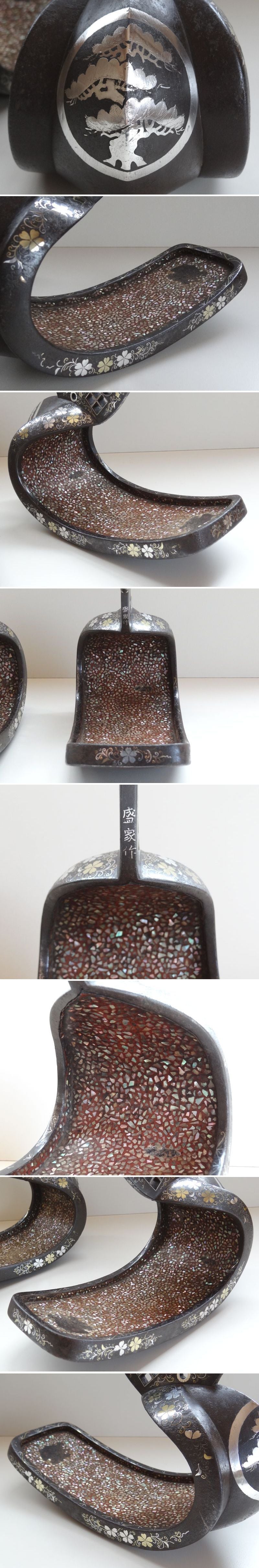 Edo Period Japanese Samurai Abumi Stirrup Pair Silver Inlay Kamon Pine Crest Signed Owari