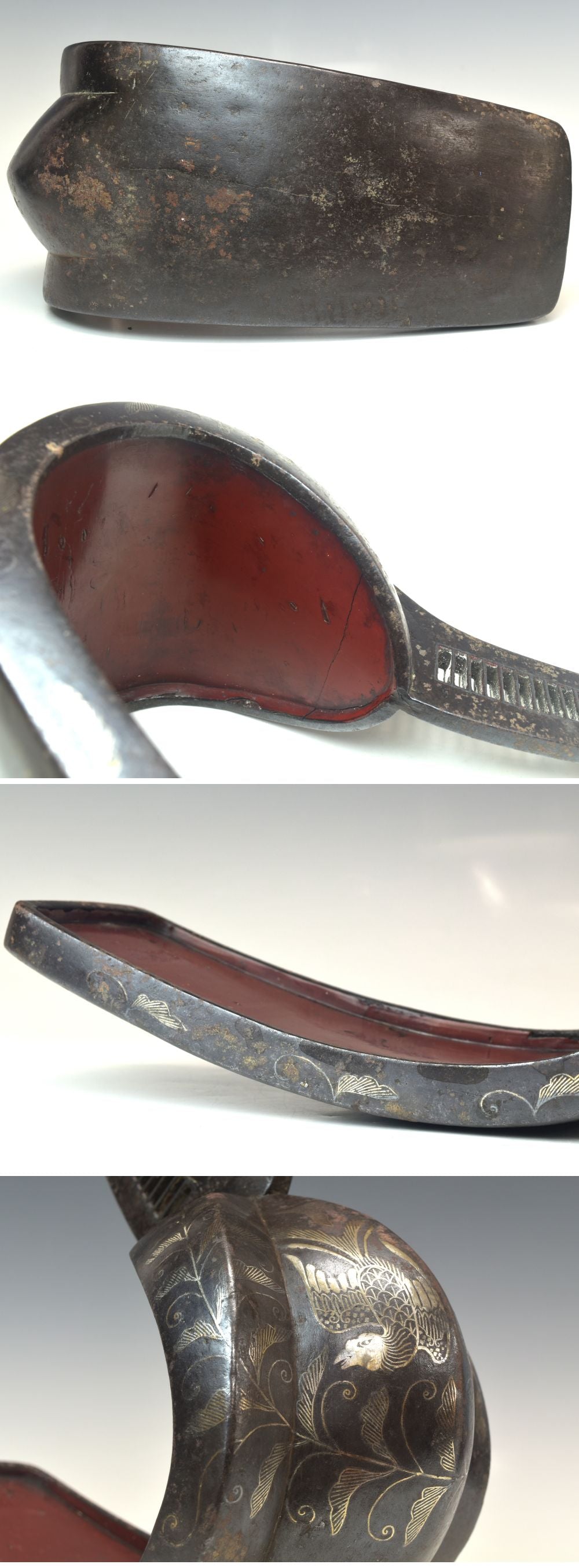 Edo Period Japanese Samurai Stirrup Pair Abumi Iron Silver Inlay Phoenix Signed Shigeji
