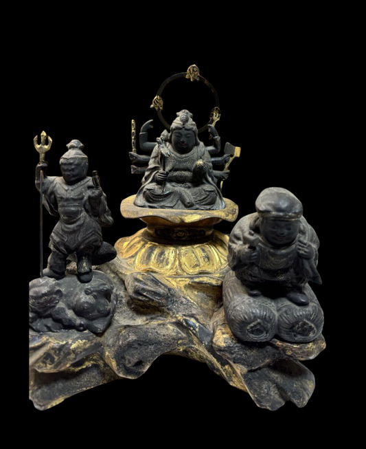 Edo Period Zushi Shrine – Benzaiten Daikokuten Bishamonten Triad | Antique Japanese Buddhist Sculpture
