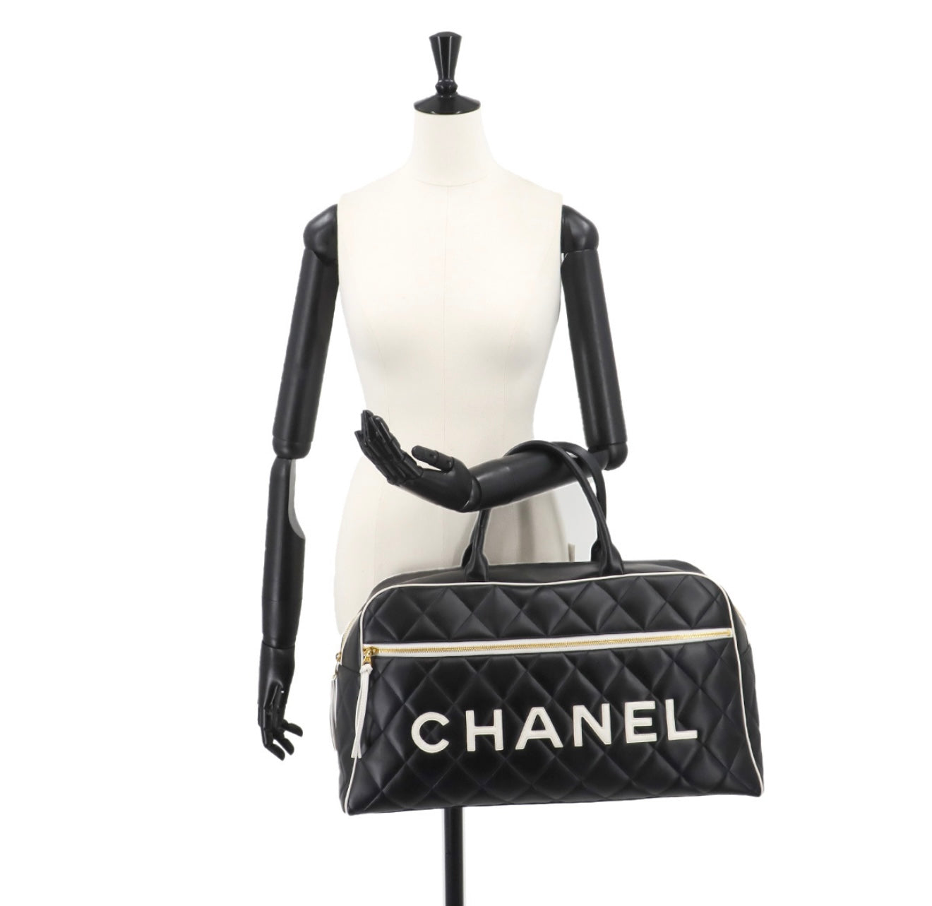 CHANEL Matelassé Logo Boston Bag A05943 Black × White – Vintage Gold Hardware – 1990s Large Quilted Travel Boston Tote – Authentic CHANEL Collector Bag