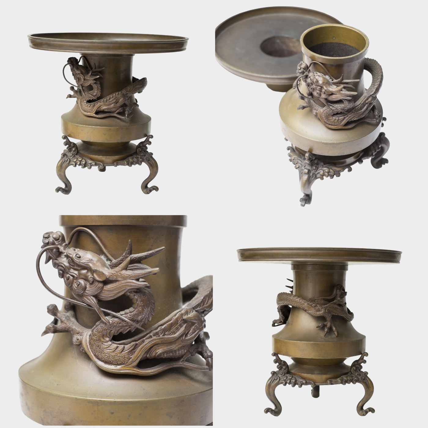 Japanese Bronze Usubata Ikebana Vessel with High-Relief Dragon | Edo–Meiji Period Sculptural Metalwork